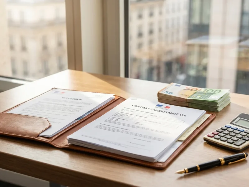 Contrat d'assurance vie, billets en euros et calculatrice pour la succession