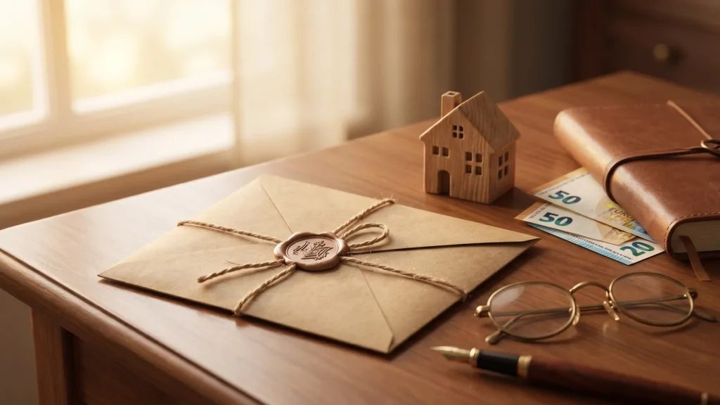 Enveloppe de transmission de patrimoine et maison miniature avec des euros