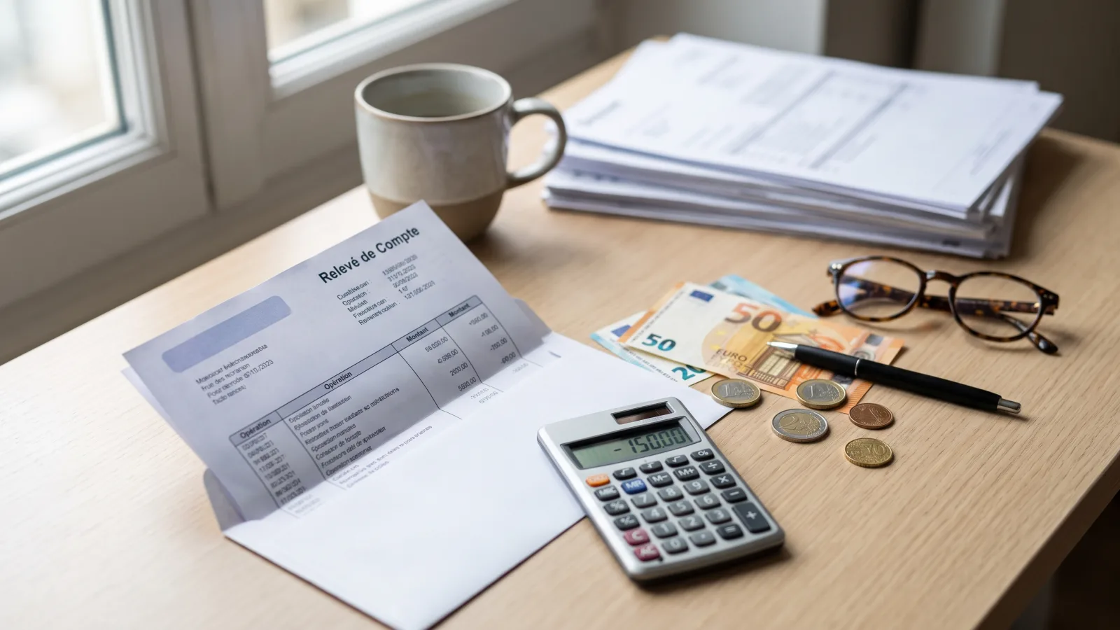 Releve bancaire, calculatrice et billets en euros illustrant le calcul des agios