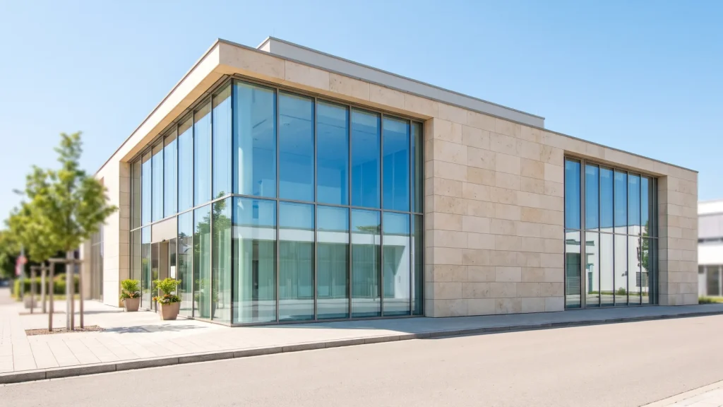 Façade d'une agence bancaire moderne où ouvrir un livret d'épargne réglementée
