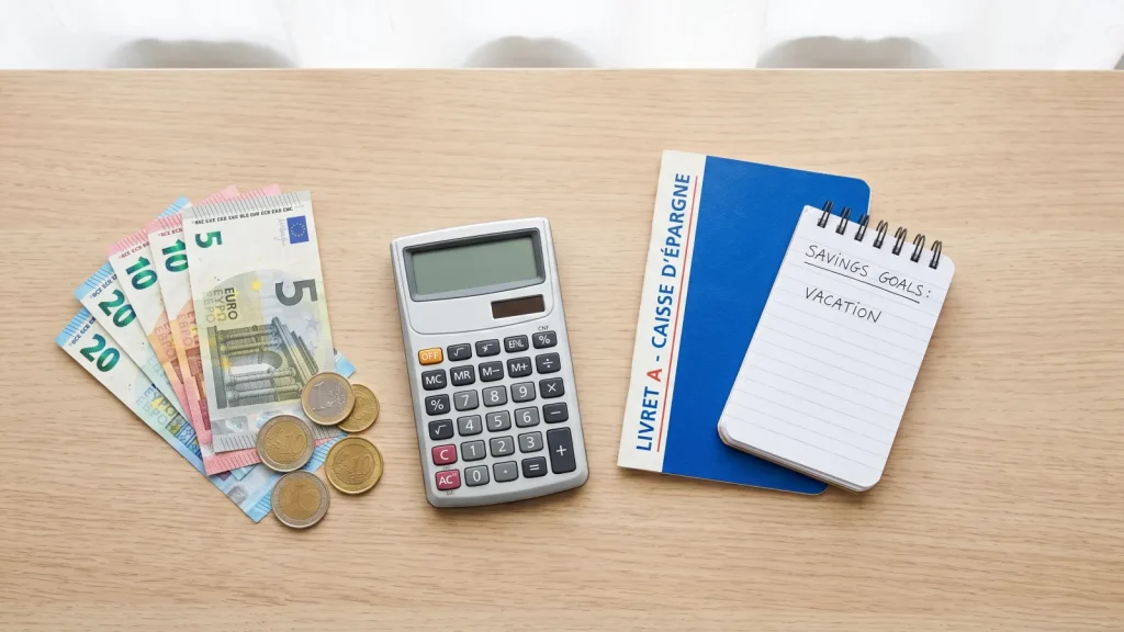 Épargne de précaution : billets en euros, calculatrice et livret d'épargne sur un bureau