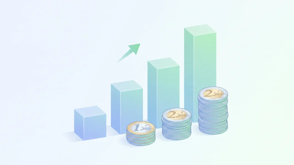 Croissance de l'épargne de précaution illustrée par un graphique et des piles de pièces en euros