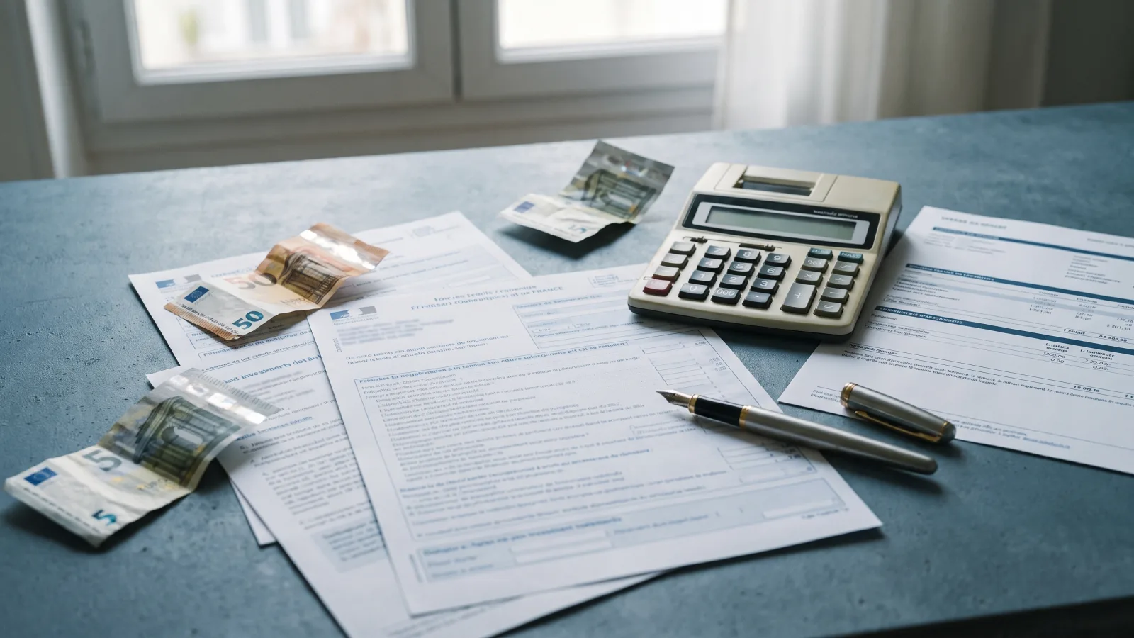 Documents fiscaux, calculatrice et billets en euros illustrant la flat tax 2026