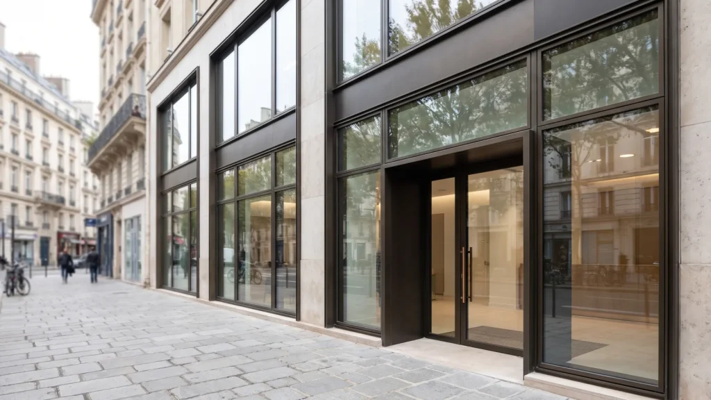 Agence bancaire moderne avec façade vitrée