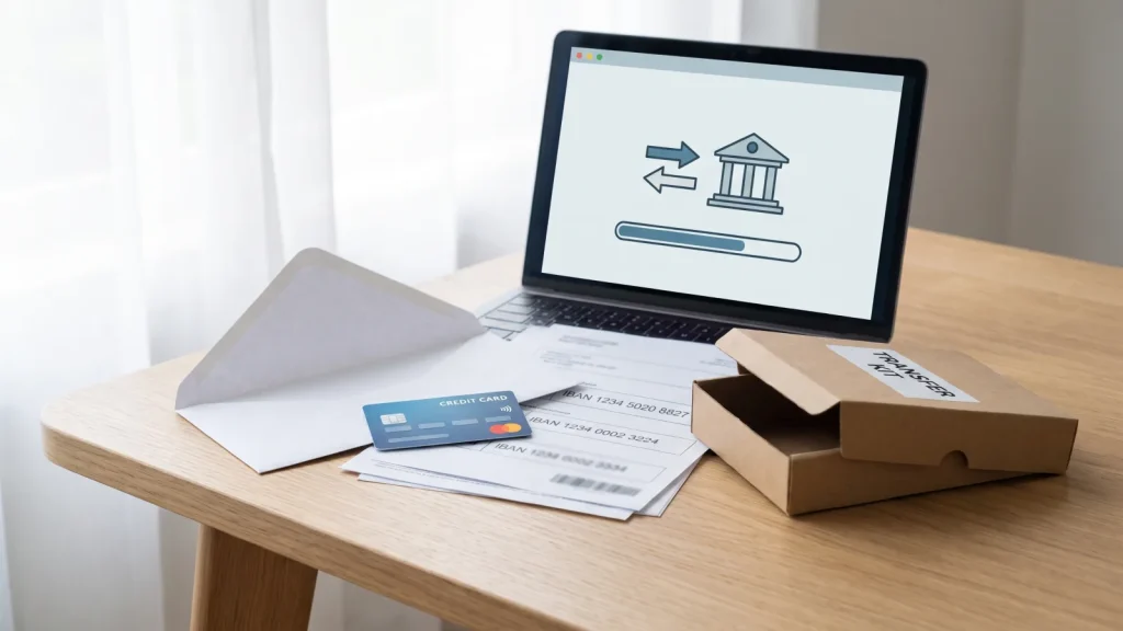Transfert des coordonnées bancaires : enveloppe, carte et documents IBAN