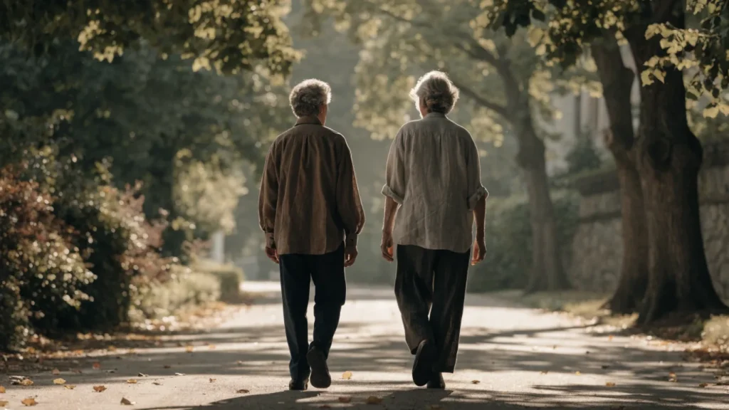 Couple de retraités marchant sur un chemin bordé d'arbres en automne