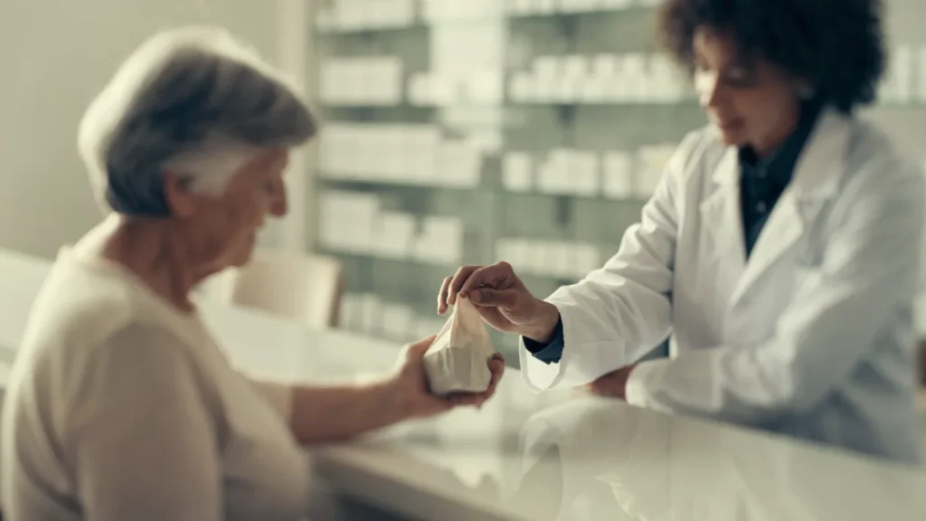 Pharmacienne remettant une commande à une cliente senior au comptoir