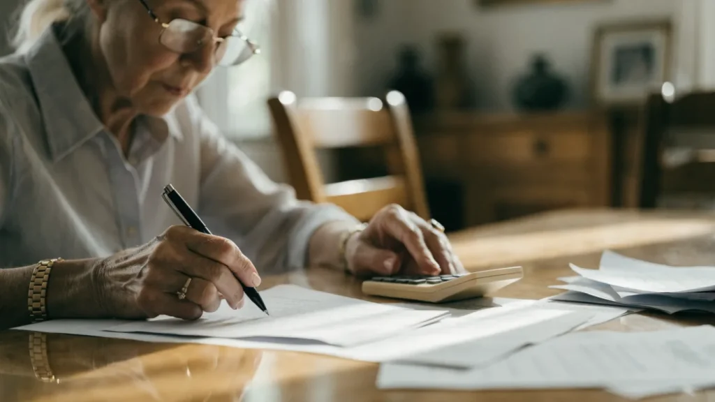 Femme retraitée calculant ses cotisations de complémentaire santé à sa table